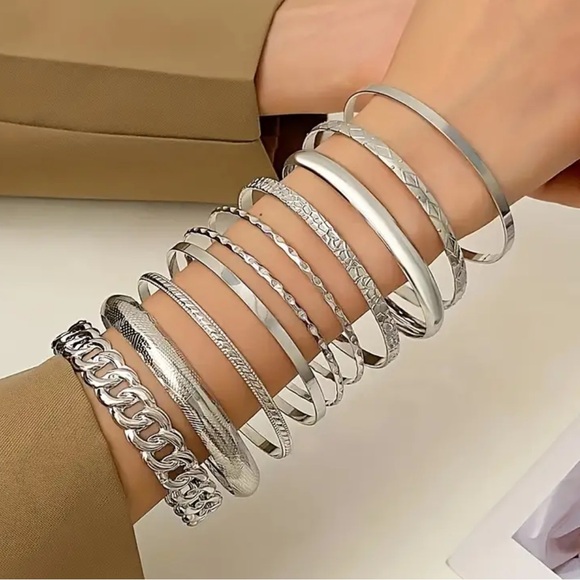 Silver Multi Design Bangle Bracelet Set of 10 Bracelets - Picture 1 of 4